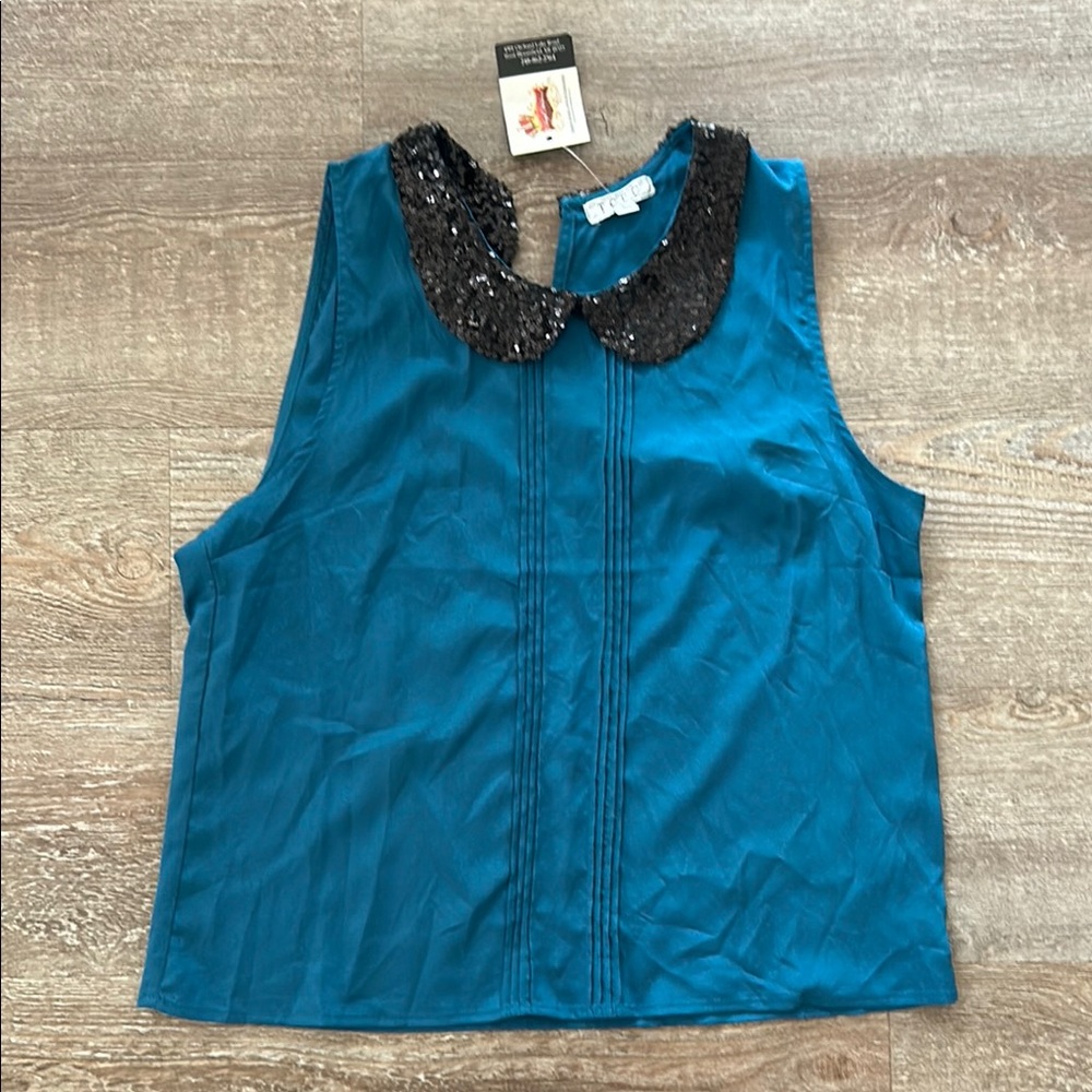 Teal Sleeveless Top with Black Sequin Collar